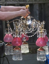 Fenton lamp Chandelier LARGE 5lite Vintage cranberry glass Brass Bronze Swag fix