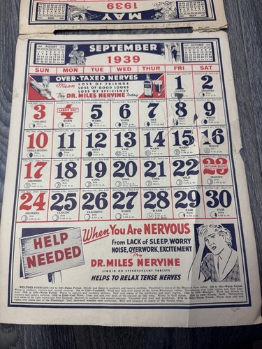 Original Vintage 1939 Dr. Miles Weather Calendar - Used - Picture 9 of 12
