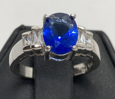 Vintage 925 FAS Oval Blue Glass  CZ Ring Size 6.75 Sterling Silver 925 Ring 3g