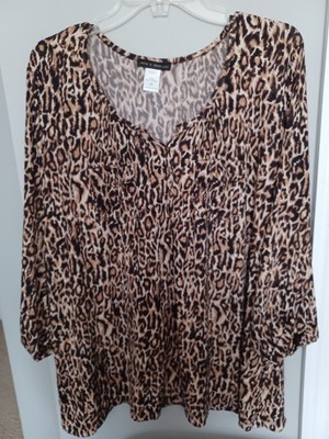 Jennie & Marlis Animal Print Stretch Blouse Women's 3/4 Tab Sleeve VNeck SIZE 3X