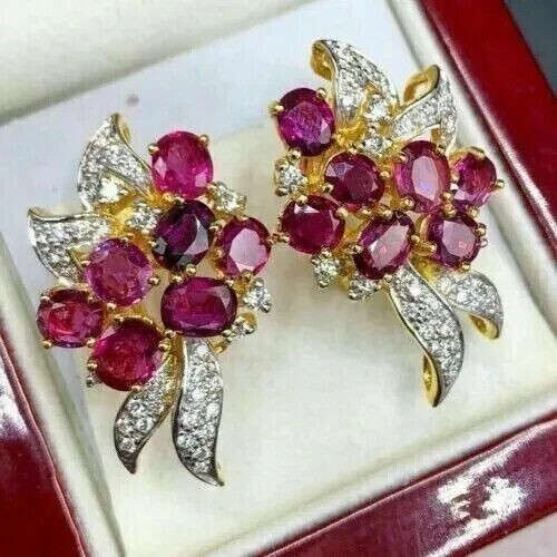 3Ct Oval Cut Stud Lab-Created Red Ruby Diamond Earrings 14K Yellow Gold Plated - Picture 3 of 5