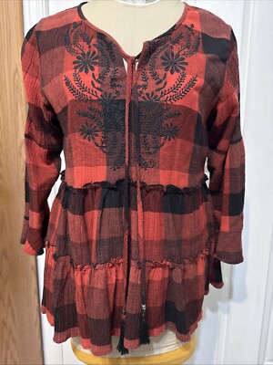 Lola P Sz Lg Top embroidered red black check ruffled long sleeve Boho Rayan