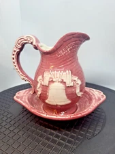 Pitcher & Bowl Glazed Signed Hobbiest Piece 76 Bicentennial Liberty Bell Eagle