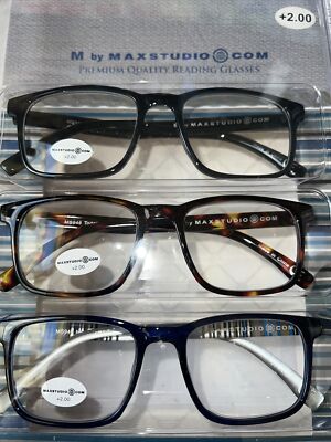 M by MaxStudio Premium Quality Reading Glasses, +2.00,  3 Pair Pack