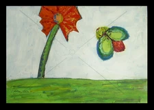 Red Flower and the BUG ~ Original Oil PAINTING ~ Kitsch Pop Art CATHY PETERSON