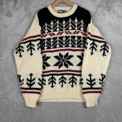 INC Fair Isle Sweater Mens XL Cream Wool Blend Snowflake Pine Tree Vintage 90s