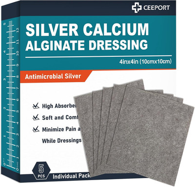Silver Calcium Alginate Wound Dressing, 4'' X 4'' Patches, Highly Absorbent Dressi