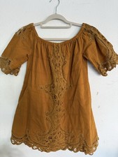 Free People Womens Size S Mustard Yellow Crochet Boho Mini Dress Off Shoulders