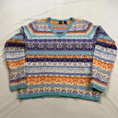 Gap Vintage Fair Isle 100% Lambswool V-Neck Sweater Women's Med Y2K Pullover EUC - Image 1 of 4