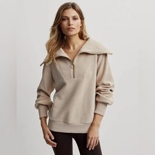 Varley Vine Half Zip Ottoman Cotton Pullover Sz S Taupe Marl Knit Quiet Luxury