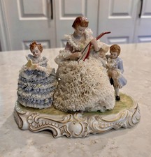 Vintage MZ Irish Dresden Lace Porcelain Figurine Group 8” Woman & Children Music