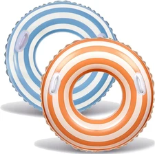 2 PCS Striped Pool Floats for Adults Swimming Rings Tube with Handles -Inflatabl
