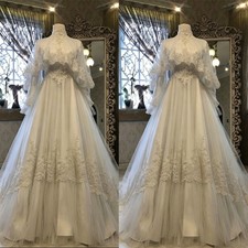 Wedding Dresses Long Sleeve Sheer Lace Ruffle Cape Shawl High Neck Bridal Gown