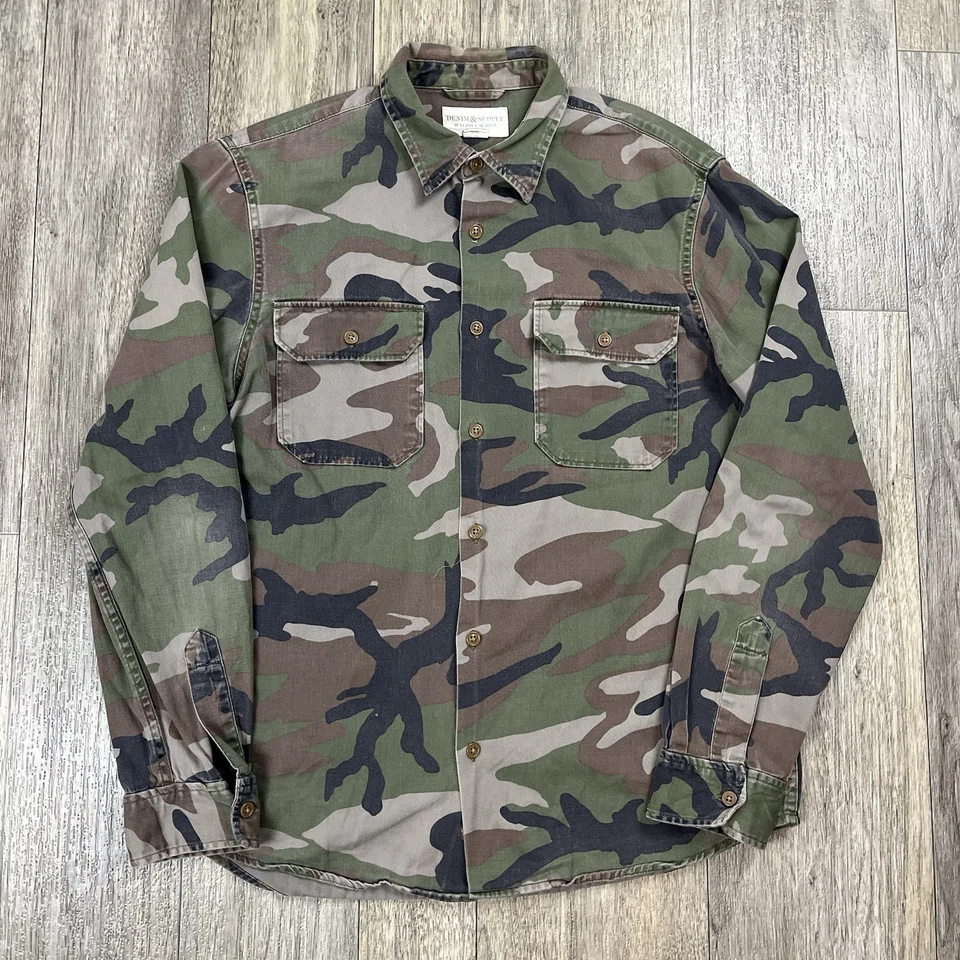Camisa Denim & Supply Ralph Lauren Para Hombres Grande Camuflaje Militar Verde Botón Foto 2 de 4
