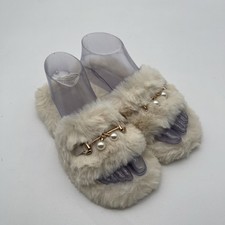 2Chic White Faux Fur Gold Buckle Pearl Accent Slip On Slippers Women's Size S