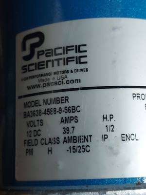 #ad Pacific Scientific Motor Model Number BA3638 4588 9 56C 12 volts DC 1 2 HP $750.00