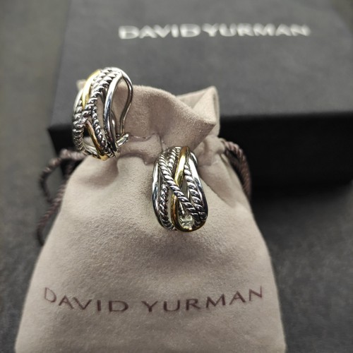 David Yurman 925 Silver 18K Gold Intertwined Cable Huggie Hoop Earrings