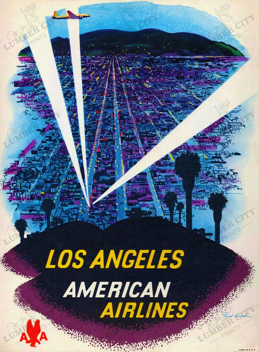 Los Angeles American Airlines Vintage 1958 Travel Poster Wall Art