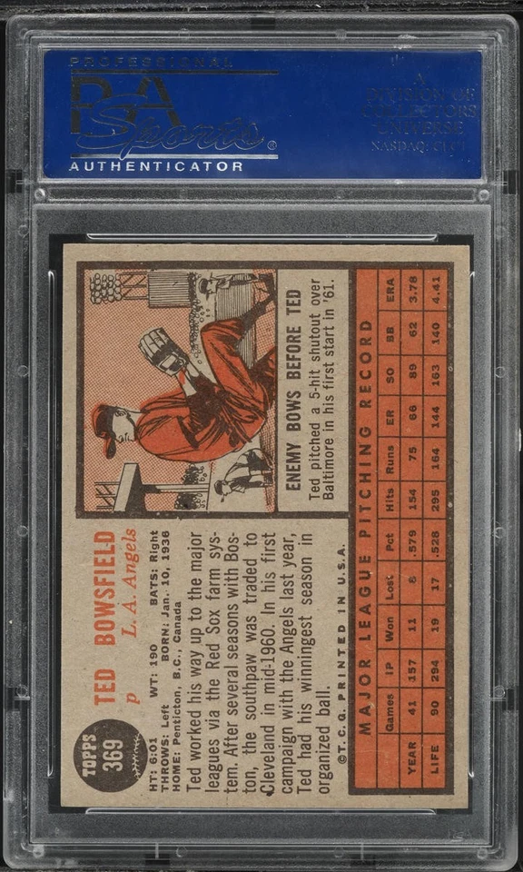 1962 Topps BB Card #369 Ted Bowsfield Los Angeles Angels HOF PSA 8 NM-MT - Image 2 of 2