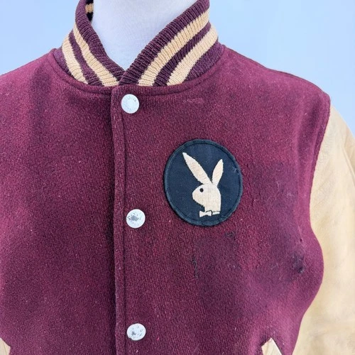 Vintage Varsity Jacket Playboy Bunny Patch Est L Maroon Leather Sleeves Repair - product listing photo