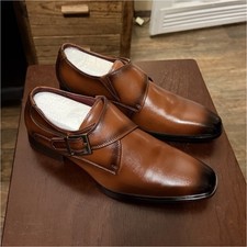 Monk Strap Leather Brown Dress Shoes HK5009-3AB Buckle Square Toe EU 41