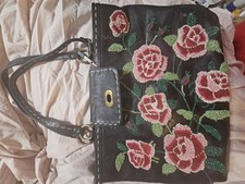 Gorgeous Isabella Fiore Black Pink Floral Beaded Embroidered Shoulder Bag Purse