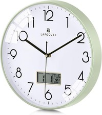Lafocuse 12 Inch Silent Green Wall Clock with Date and Day, Temperature, Day of