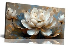 White Flower Wall Art for Living Room - Gold Paintings 40"L x 20"W White Blue