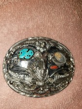 SSI Handcrafted in USA Turquoise  Coral BELT BUCKLE, Silver Western Longhorn