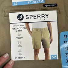 Sperry Shorts Men 32 Dark Khaki Vintage Wash Flex Cotton Flat Front 8" Inseam