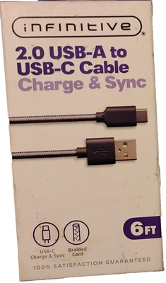 Infinitive Durable Braided 6 Ft. 2.0 USB-A to USB-C Cable Charge & Sync Black
