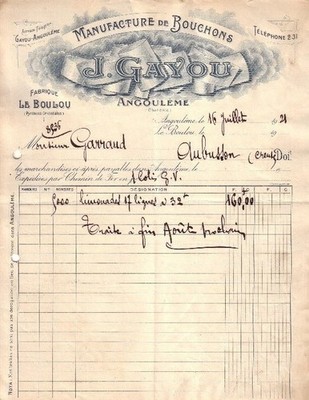 ANGOULEME, LE BOULOU - RECHNUNG JEAN GAYOU, MANUFAKTUR VON KORKEN, 1921