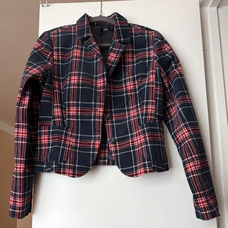 Hurley Navy Red Plaid Collared Button Blazer Jacket Short Lined M Regular
