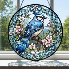 Blue Jay Stained Glass Suncatcher, Bird Window Hanging Decor