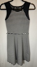 Women's Guess Black/White Striped Flare Sleeveless Dress W/ Mesh Accent Size XS
