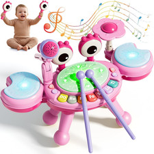 Toddler Drum Set Ages 1-3, Baby Drum Set 1 Year Old with Mic Pink