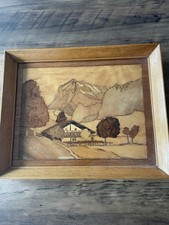 Quadro vintage intarsiato in legno da appendere a parete scena di montagna