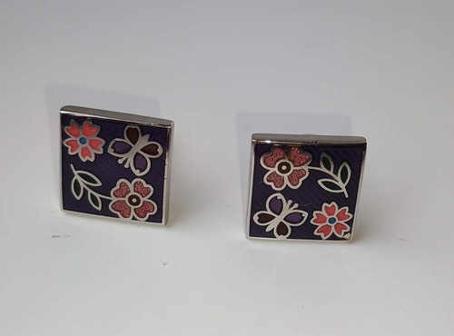 Duchamp London Silver tone glitter enamel cufflinks flowers on blue background - Picture 2 of 8