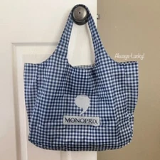 MONOPRIX France Reusable Nylon Shopping Tote Eco Grocery Bag Gingham Print NEW