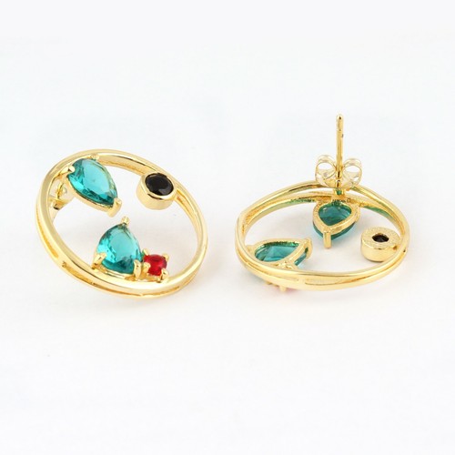 Pear Round Hydro Quartz 24k Gold Plated Prong Set Double Layer Big Stud Earrings - Picture 14 of 21