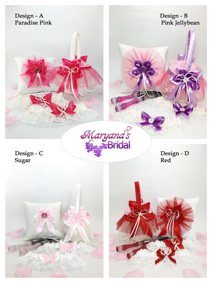 Conjunto de canasta de almohada portador de anillos niña flor rosa rojo orquídea coral cuarzo lavanda Foto 2 de 4