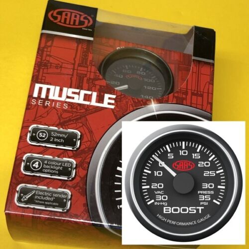 Turbo boost/vac gauge 35 PSi SAAS Muscle 52mm 2" black SG-TB52B1 - Picture 1 of 1