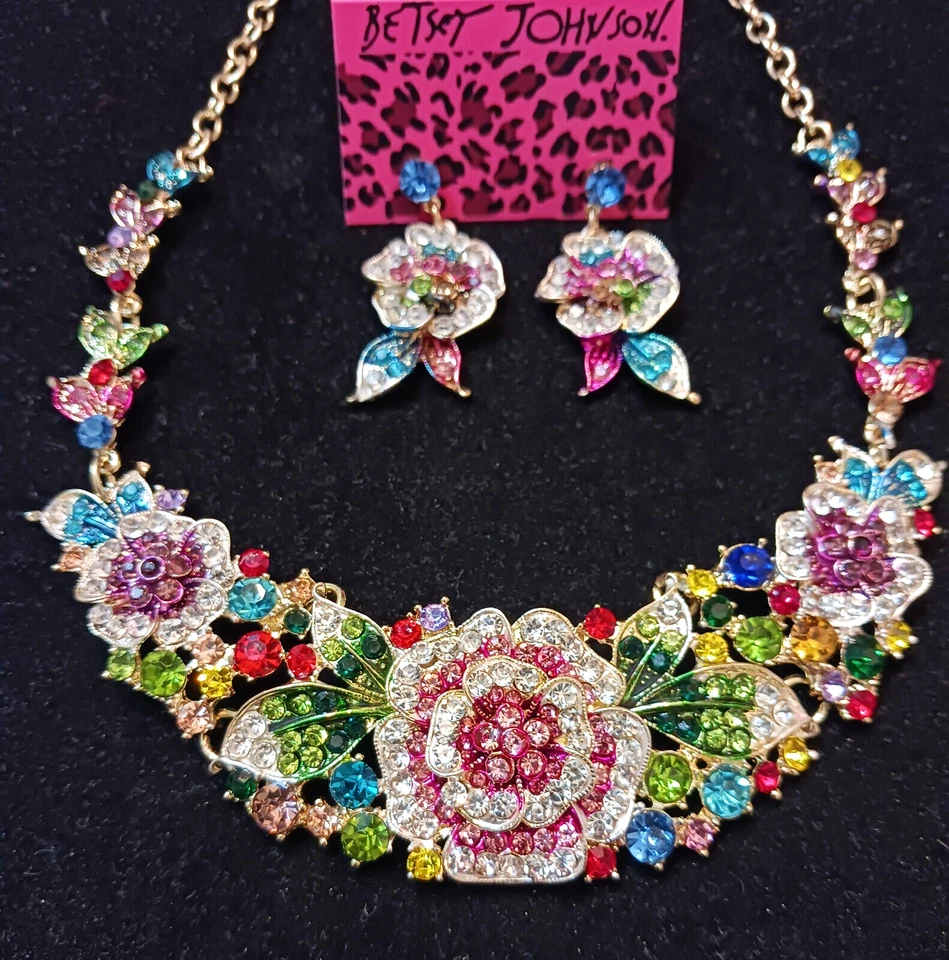 Conjunto de Pendientes Collar Betsey Johnson Ramo Flor Arco Iris Flor Estrás Floral Foto 4 de 4