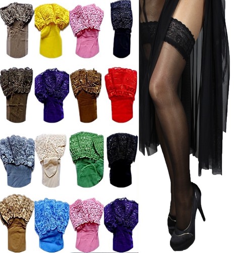 Halterlose Strümpfe Spitzenband breite Spitze Farben mit Lycra Gr S-XXL Naht EU - Bild 3 von 53