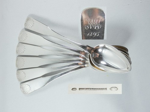 Antique 1895 Set of 6 Danish Solid 826 Grade Silver Dessert Spoons Fiddle Shell - Picture 10 of 10
