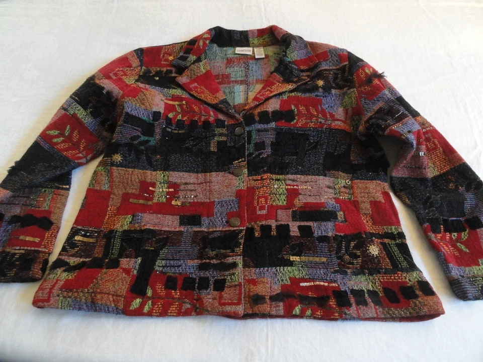 Chaqueta Chico's 3 Misses XL Negra Roja Azul Verde Tapiz Cuentas Lentejuelas Bordado Foto 3 de 4