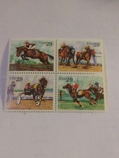 MINT NH OG 29 CENT SPORTS HORSES STAMP BLOCK CV 7.25