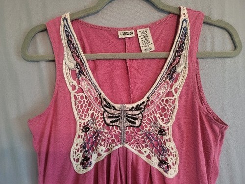 Route 66 Tank Top Womens Size Medium Embroidered Neckline Elastic Waist Pink - Picture 2 of 6