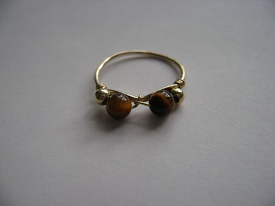 Gold Filled Genuine Tigers Eye Two Stone Bead Wire Ring New 