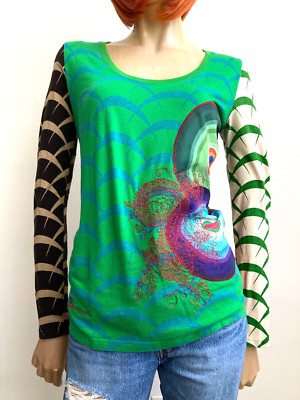 Desigual Women Scoop Neck Long Sleeve Shirt Size M Multicolor Art To Wear Indie